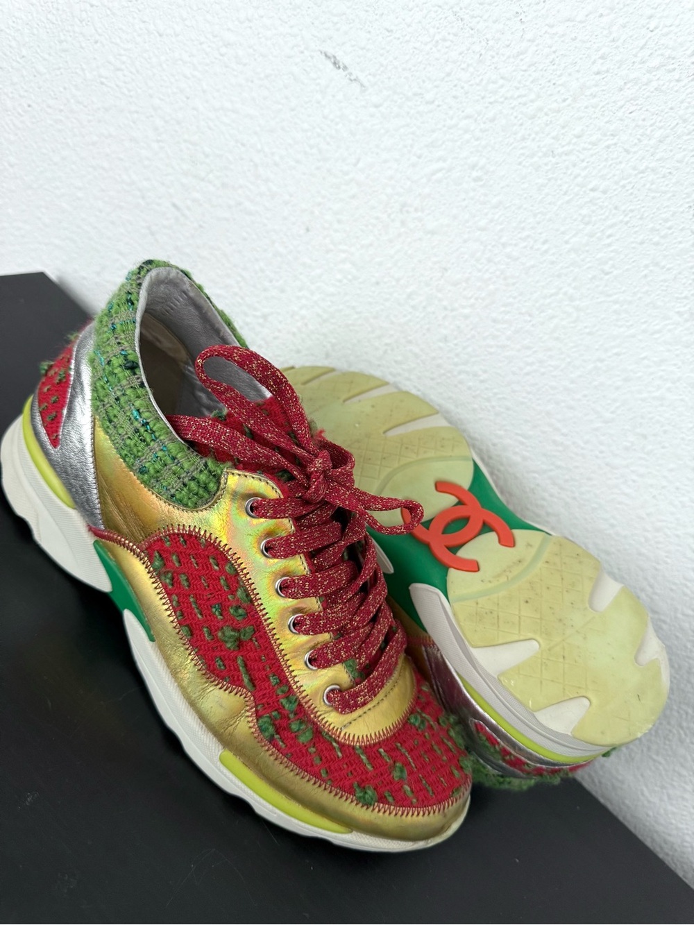 CHANEL Multicolor Tweed Leather CC Low Top Sneakers